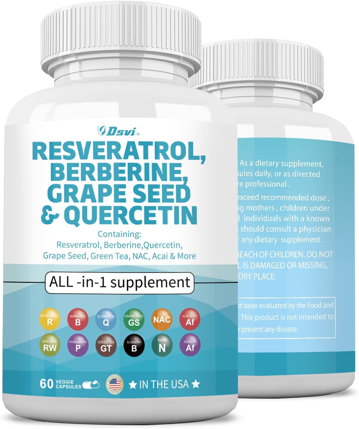 Resveratrol Berberine Grape Seed Quercetin Green Tea Supplement with N-Acetyl Cysteine & Acai Extract 60 Capsules