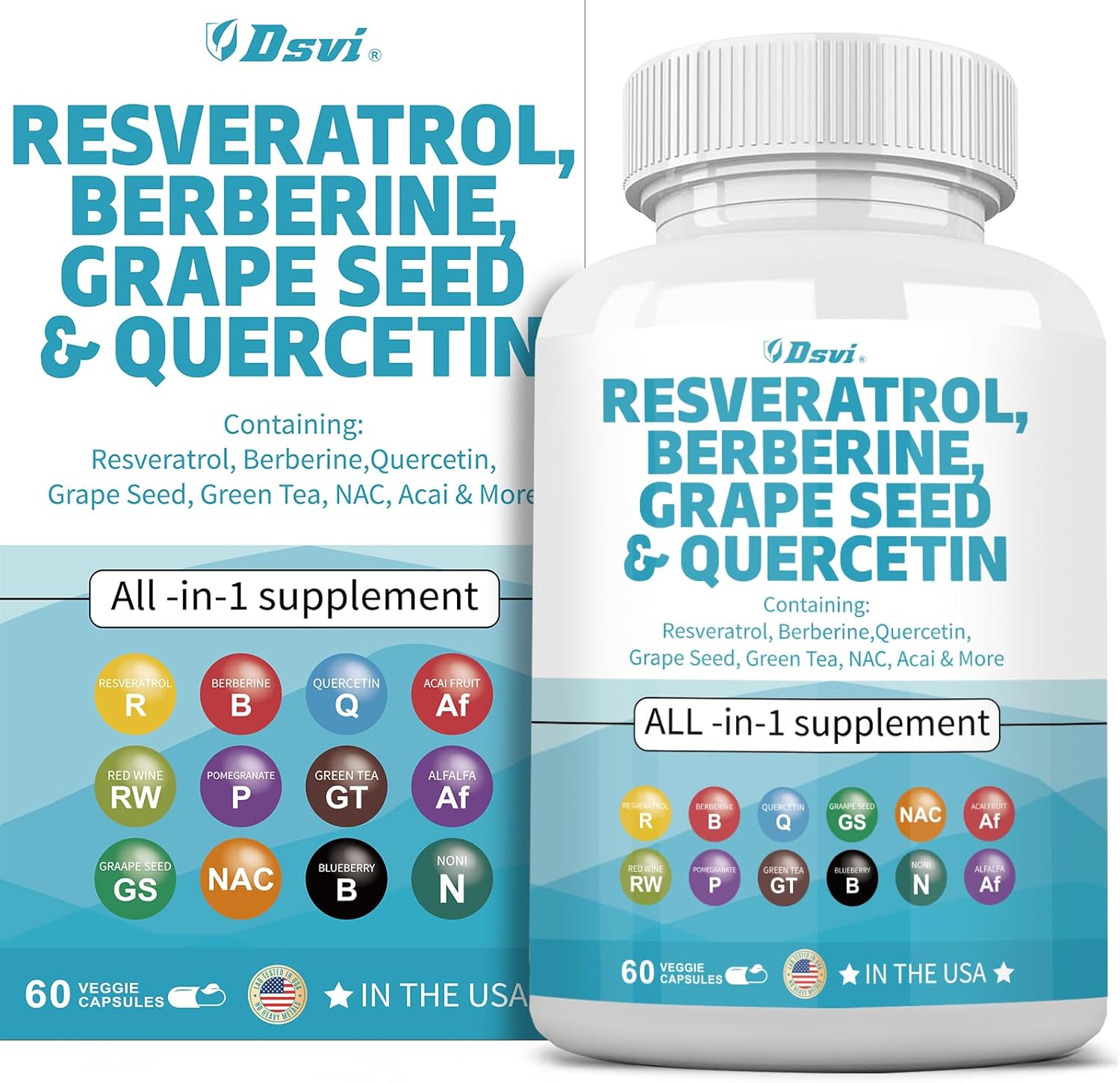 Resveratrol Berberine Grape Seed Quercetin Green Tea Supplement with N-Acetyl Cysteine & Acai Extract 60 Capsules
