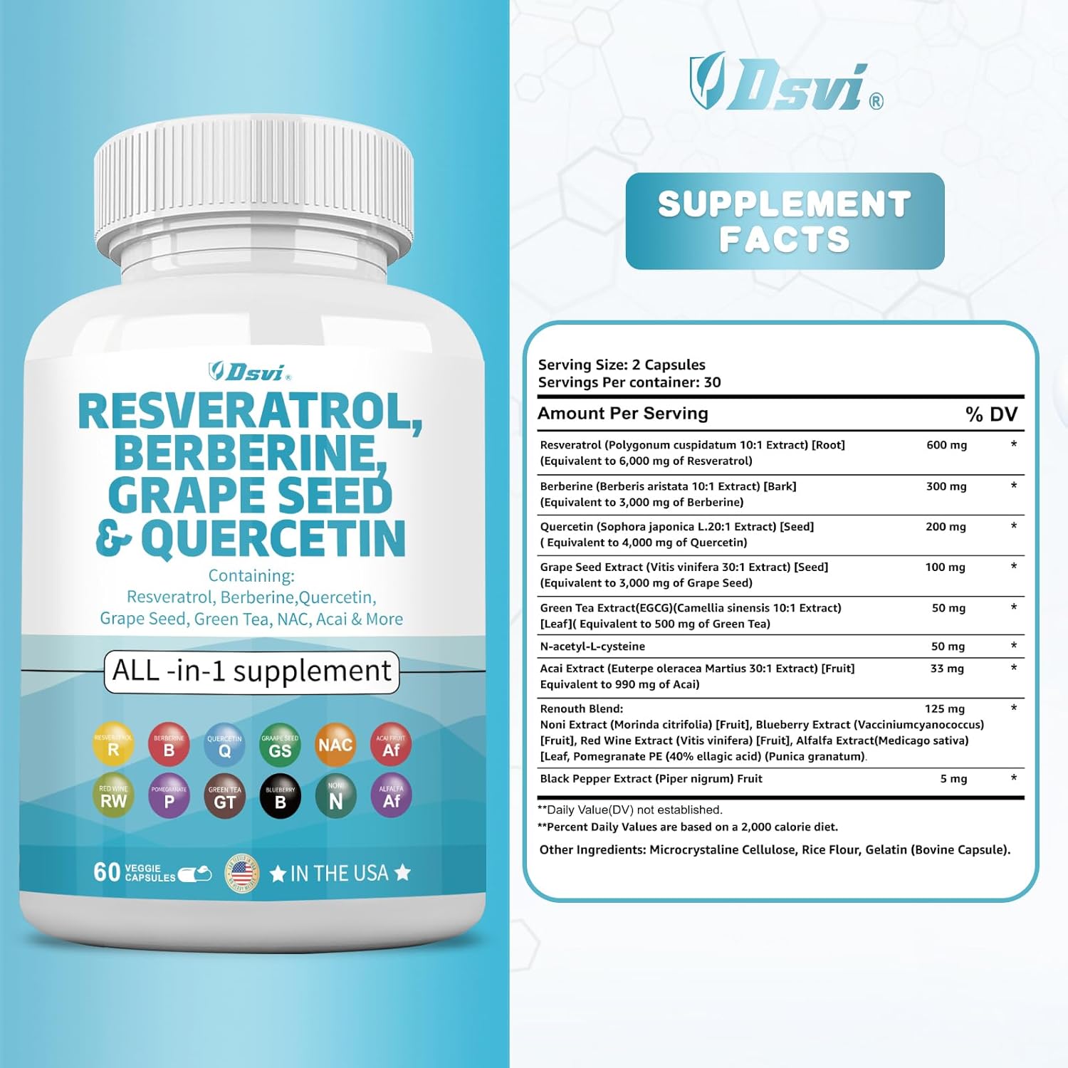 Resveratrol Berberine Grape Seed Quercetin Green Tea Supplement with N-Acetyl Cysteine & Acai Extract 60 Capsules