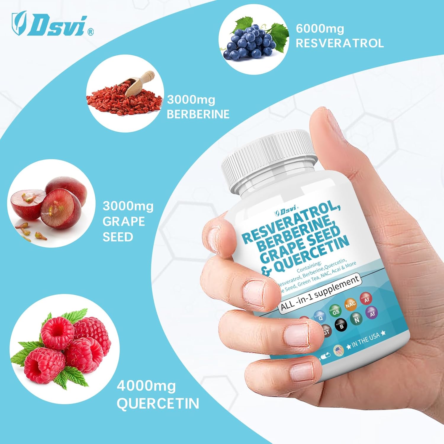 Resveratrol Berberine Grape Seed Quercetin Green Tea Supplement with N-Acetyl Cysteine & Acai Extract 60 Capsules