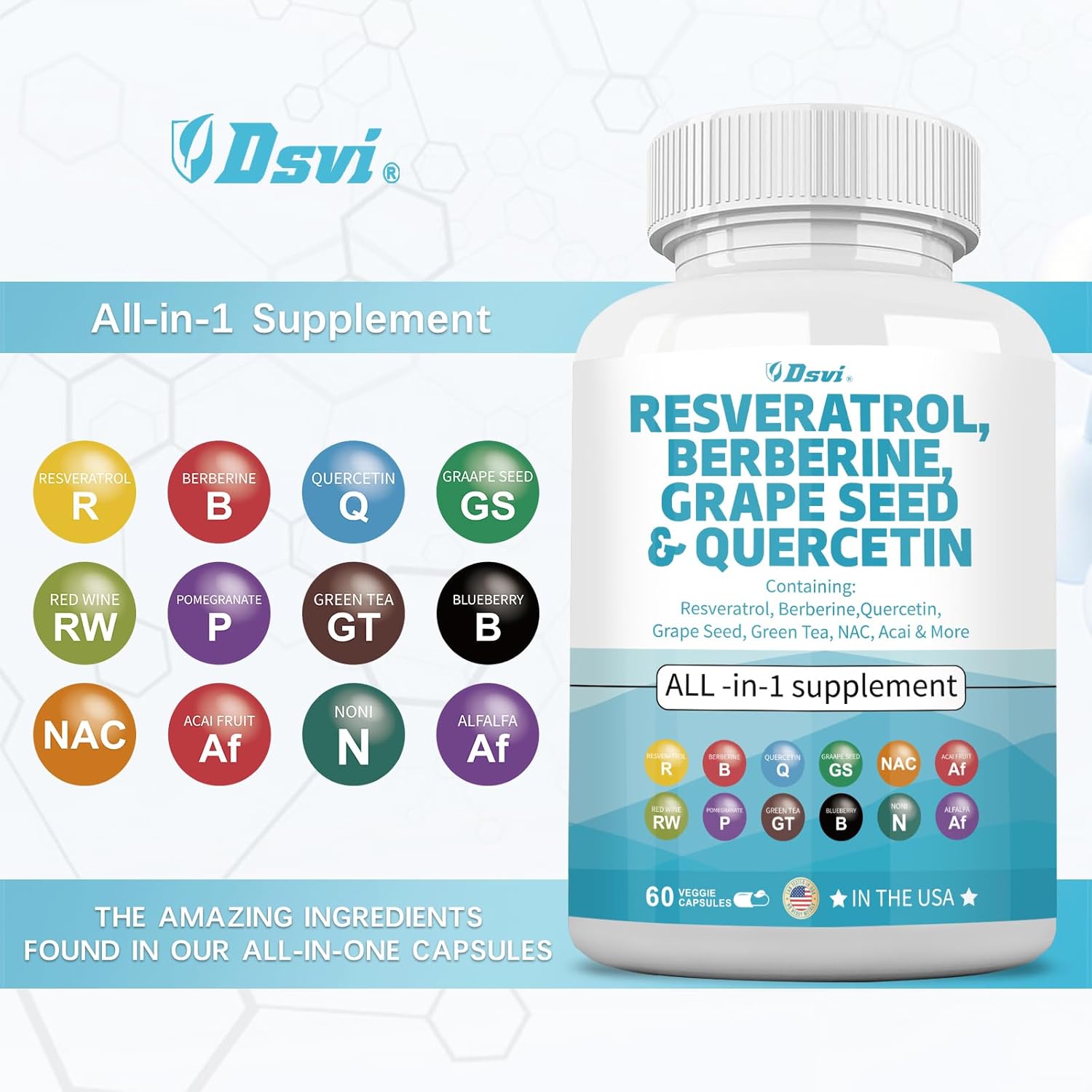 Resveratrol Berberine Grape Seed Quercetin Green Tea Supplement with N-Acetyl Cysteine & Acai Extract 60 Capsules