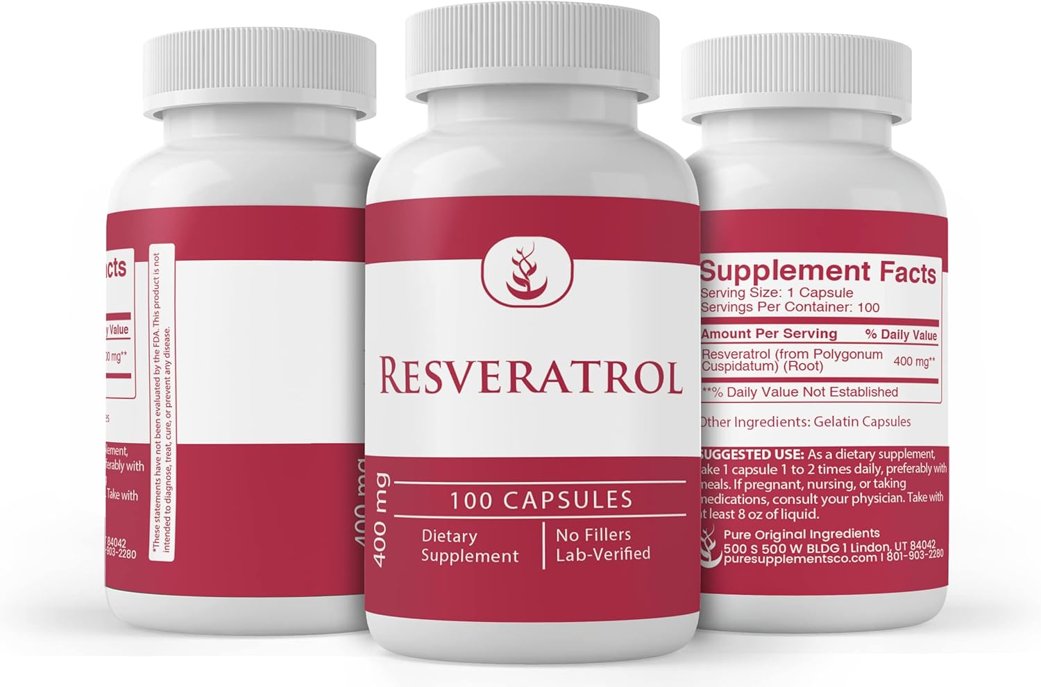 Resveratrol Capsules with Pure Original Ingredients (100 Count), Lab Verified, No Additives