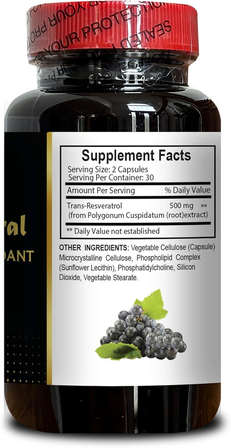 Resveratrol Extract Capsules for Seniors - Herbal Antioxidants for Energy and Metabolism Support - 60 Capsules