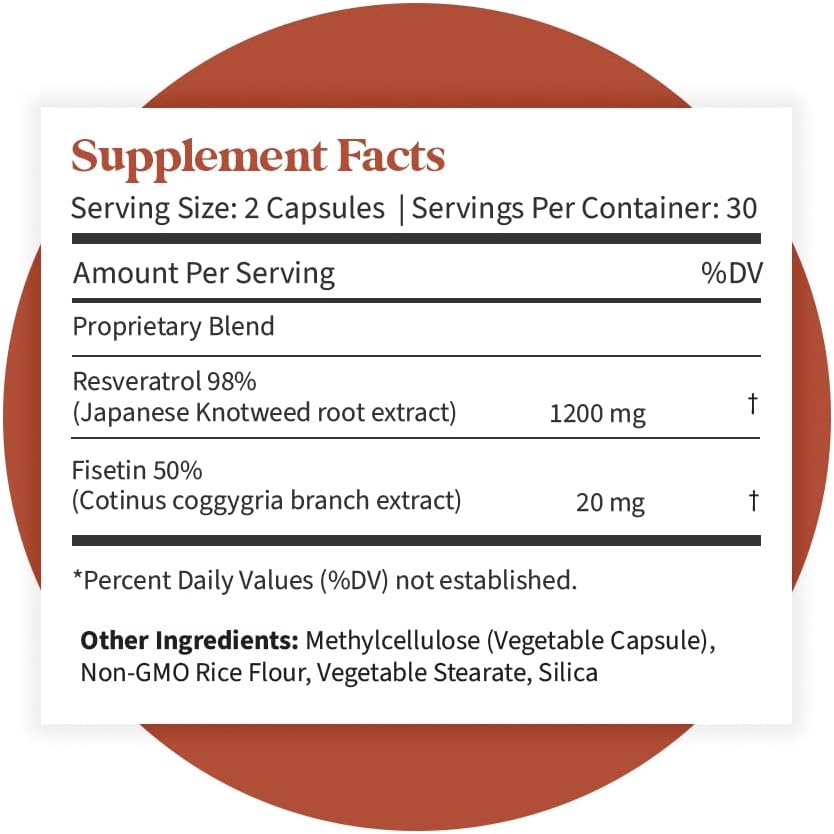 Resveratrol & Fisetin Supplement for Whole Body & Heart Health - Natural Antioxidant - Boost Immune Response - No Fillers - 60 Capsules