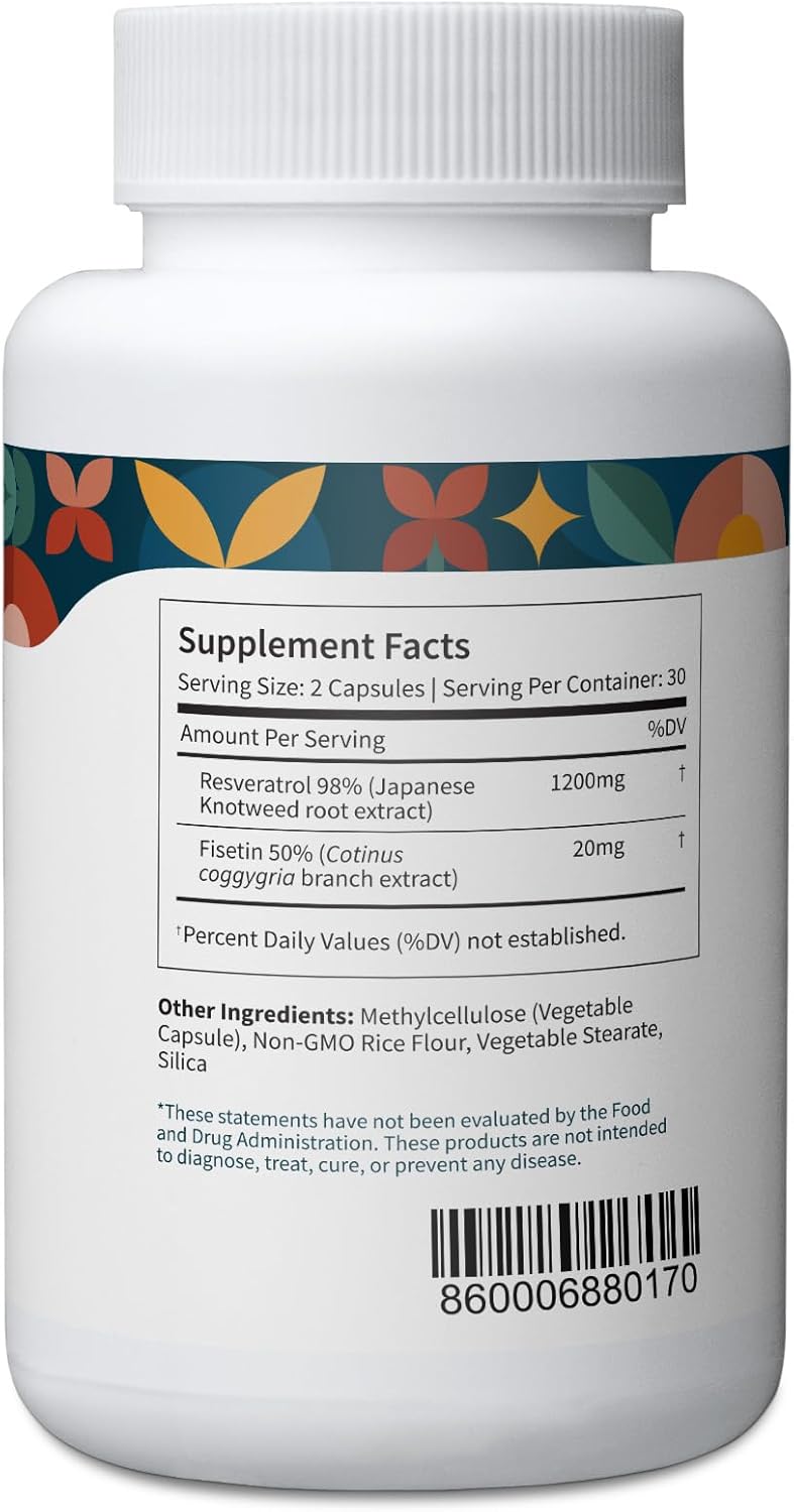 Resveratrol & Fisetin Supplement for Whole Body & Heart Health - Natural Antioxidant - Boost Immune Response - No Fillers - 60 Capsules