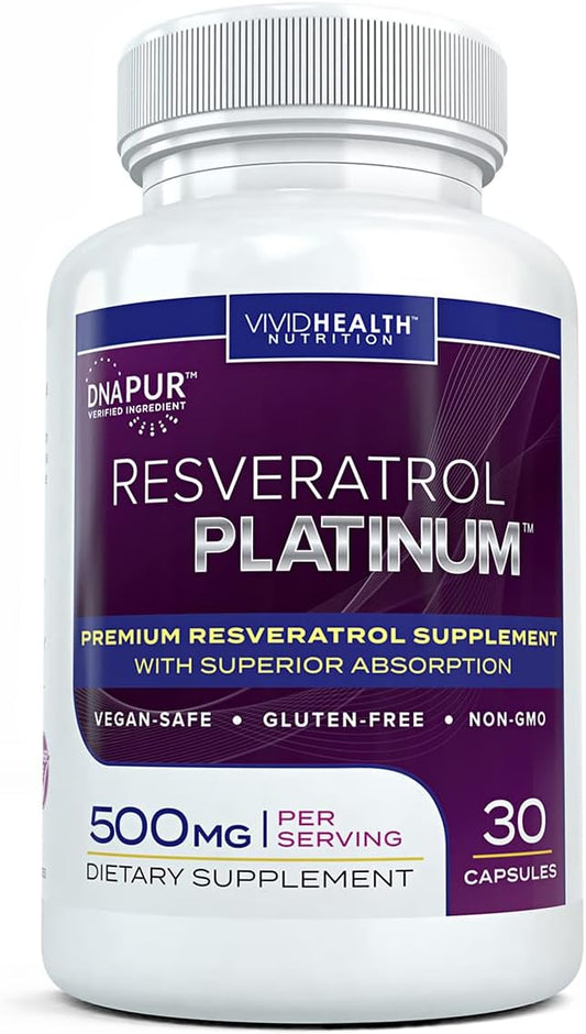 Resveratrol Platinum Antioxidant Supplement for Anti Aging, Immune Support, Brain Health - 30 Gluten Free Capsules