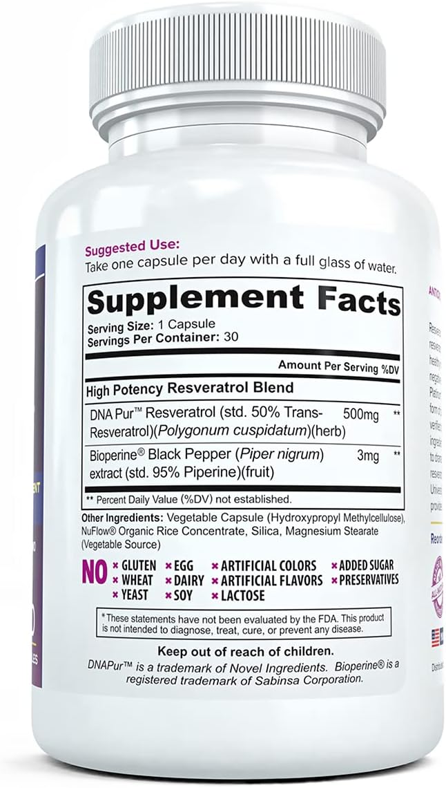 Resveratrol Platinum Antioxidant Supplement for Anti Aging, Immune Support, Brain Health - 30 Gluten Free Capsules