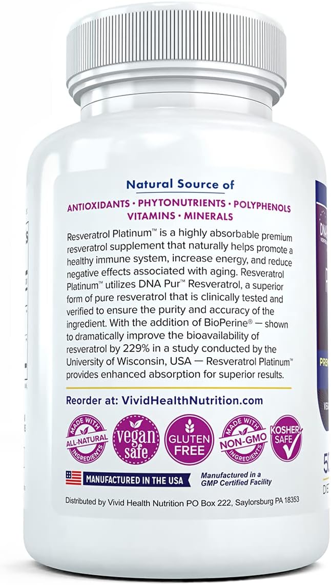 Resveratrol Platinum Antioxidant Supplement for Anti Aging, Immune Support, Brain Health - 30 Gluten Free Capsules