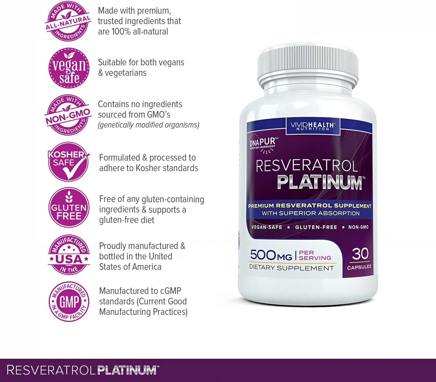 Resveratrol Platinum Antioxidant Supplement for Anti Aging, Immune Support, Brain Health - 30 Gluten Free Capsules
