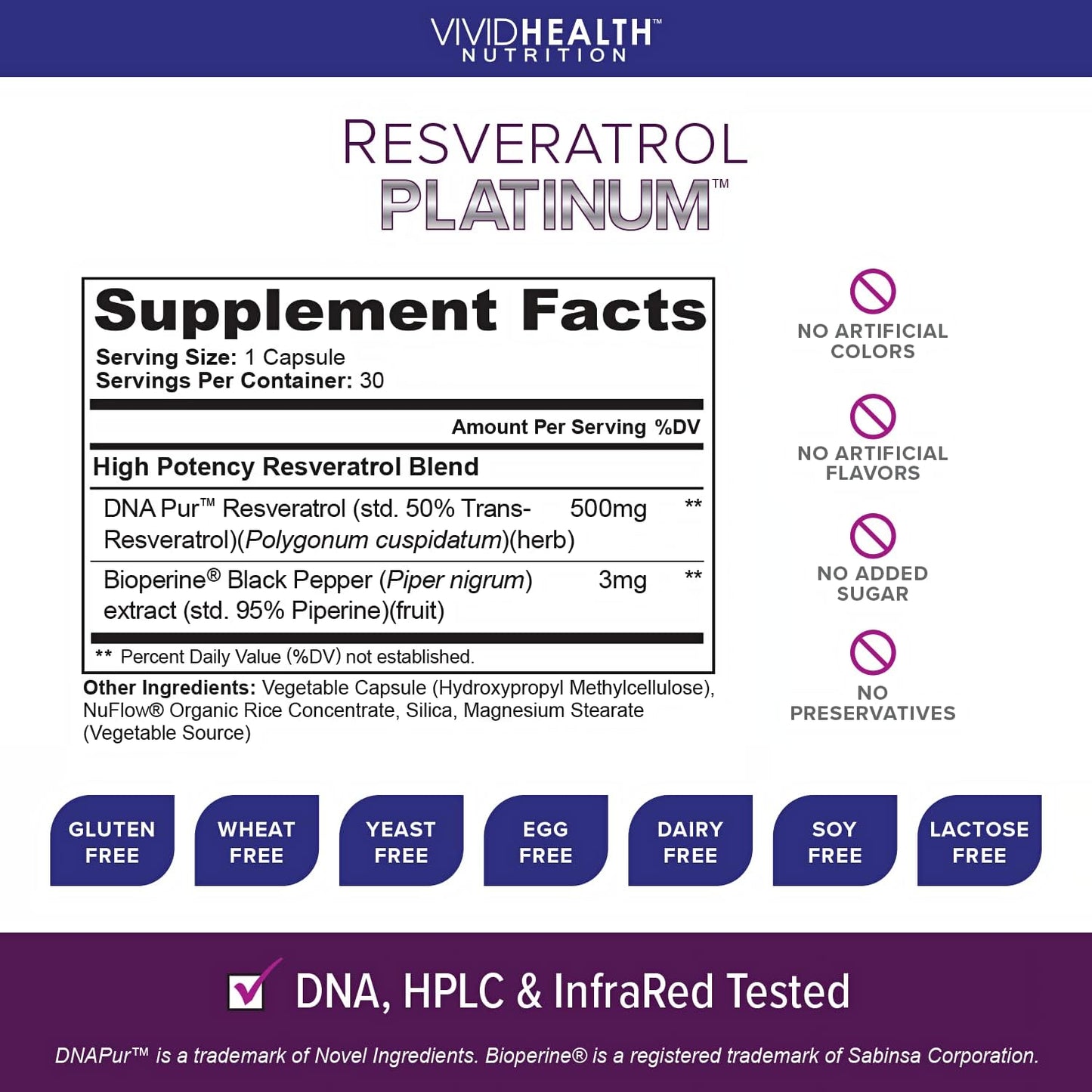 Resveratrol Platinum Antioxidant Supplement for Anti Aging, Immune Support, Brain Health - 30 Gluten Free Capsules