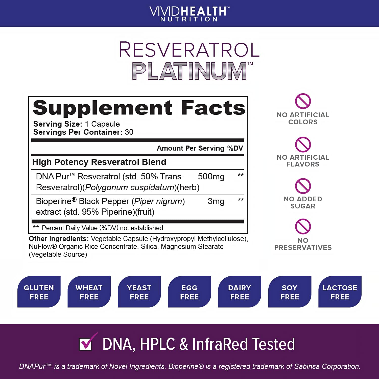 Resveratrol Platinum Antioxidant Supplement for Anti Aging, Immune Support, Brain Health - 30 Gluten Free Capsules