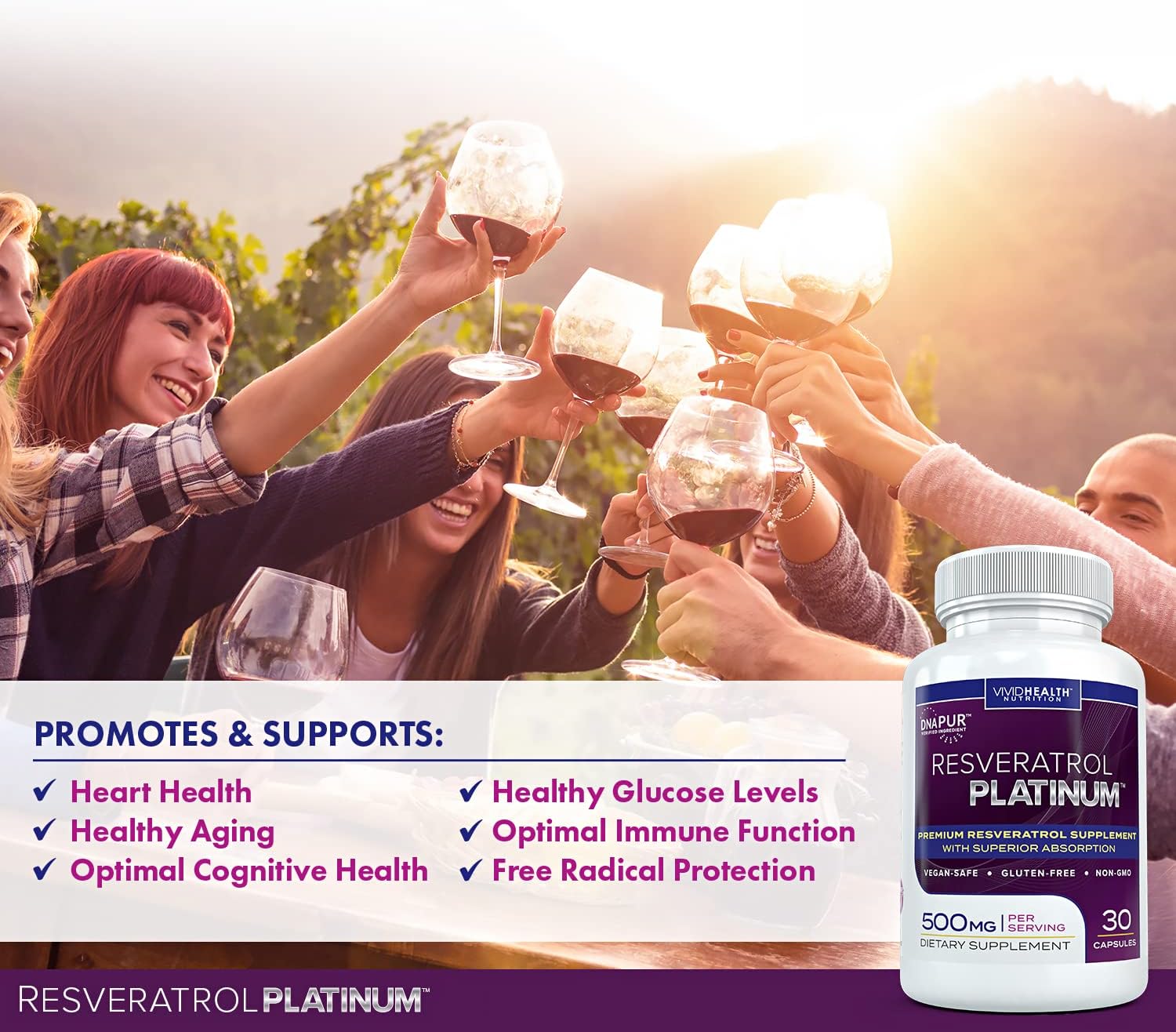 Resveratrol Platinum Antioxidant Supplement for Anti Aging, Immune Support, Brain Health - 30 Gluten Free Capsules