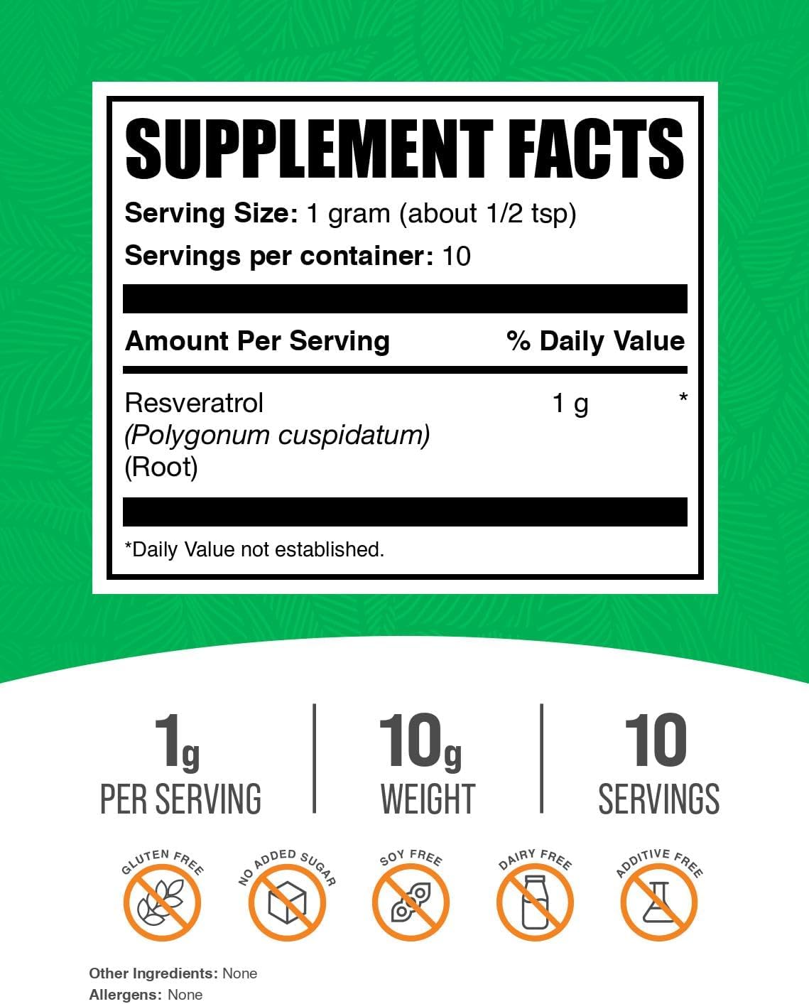Resveratrol Powder Supplement - 1000mg per Serving, Antioxidant Rich Polygonum Cuspidatum Extract - Gluten Free, 10g (0.35 oz) Pack of 1