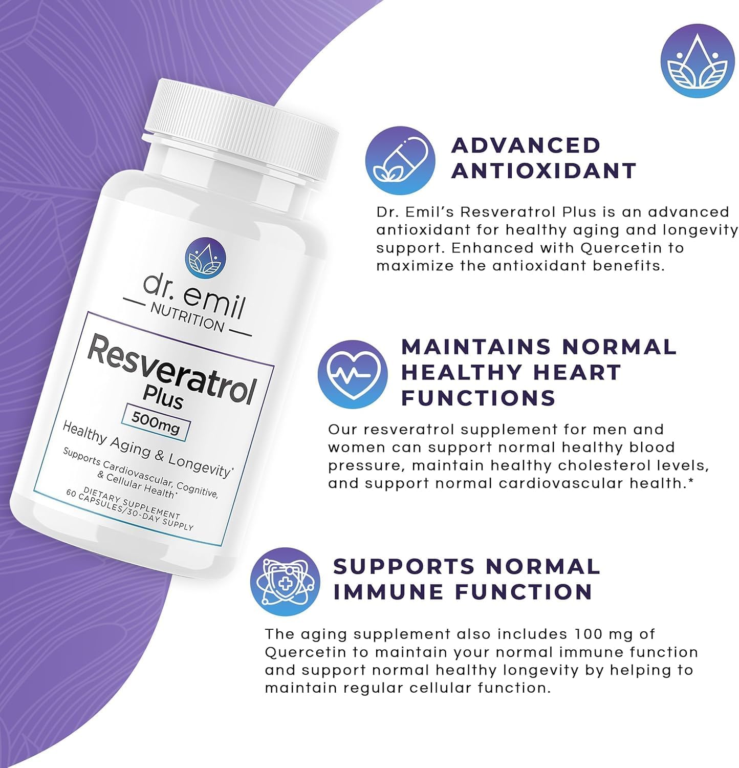 Resveratrol & Quercetin Supplement for Healthy Aging - 500mg Resveratrol & 100mg Quercetin - Supports Cellular & Cognitive Health - 60 Capsules