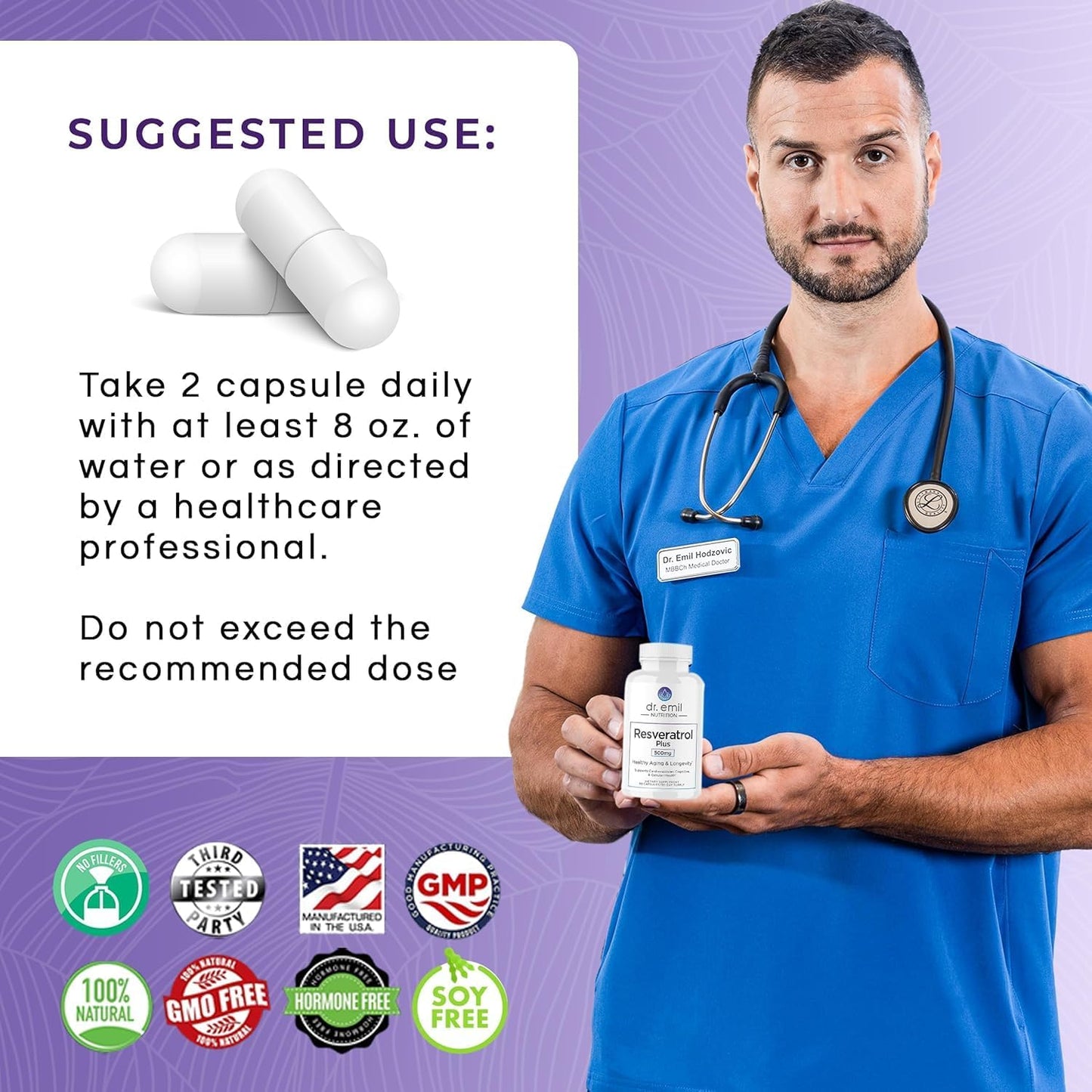 Resveratrol & Quercetin Supplement for Healthy Aging - 500mg Resveratrol & 100mg Quercetin - Supports Cellular & Cognitive Health - 60 Capsules