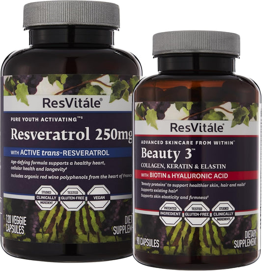 ResVitale Beauty 3 Skin Care Supplement with Collagen, Keratin & Elastin - 90 Capsules + ResVitale Resveratrol 250 mg for Men and Women - 120 Capsules