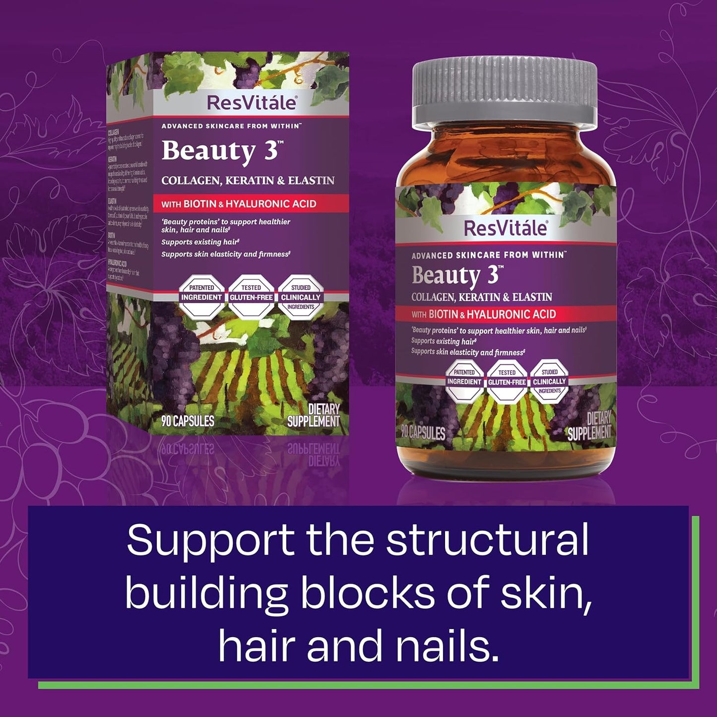 ResVitale Beauty 3 Skin Care Supplement with Collagen, Keratin & Elastin - 90 Capsules + ResVitale Resveratrol 250 mg for Men and Women - 120 Capsules