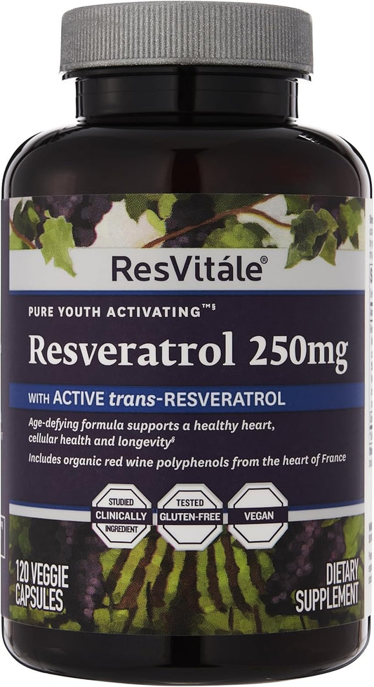 ResVitale Resveratrol 250mg Capsules - Natural Resveratrol Supplement for Men and Women - 120 Vegetarian Capsules