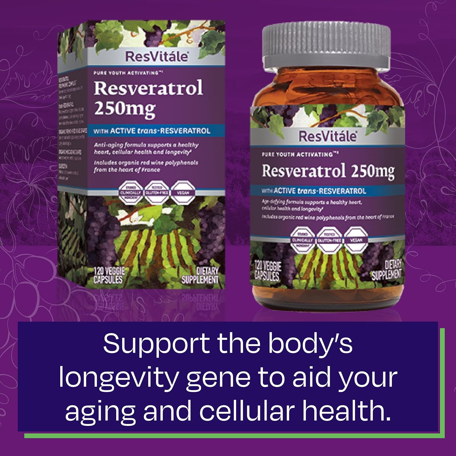 ResVitale Resveratrol 250mg Capsules - Natural Resveratrol Supplement for Men and Women - 120 Vegetarian Capsules