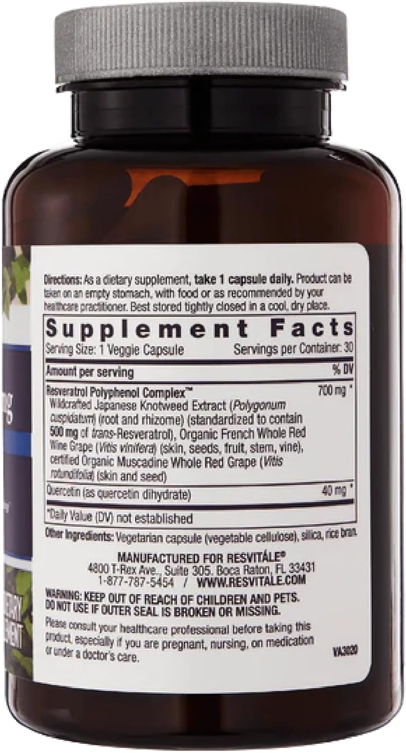 ResVitale Resveratrol 500mg Supplement for Men and Women - 30 Veggie Capsules - High Potency Resveratrol