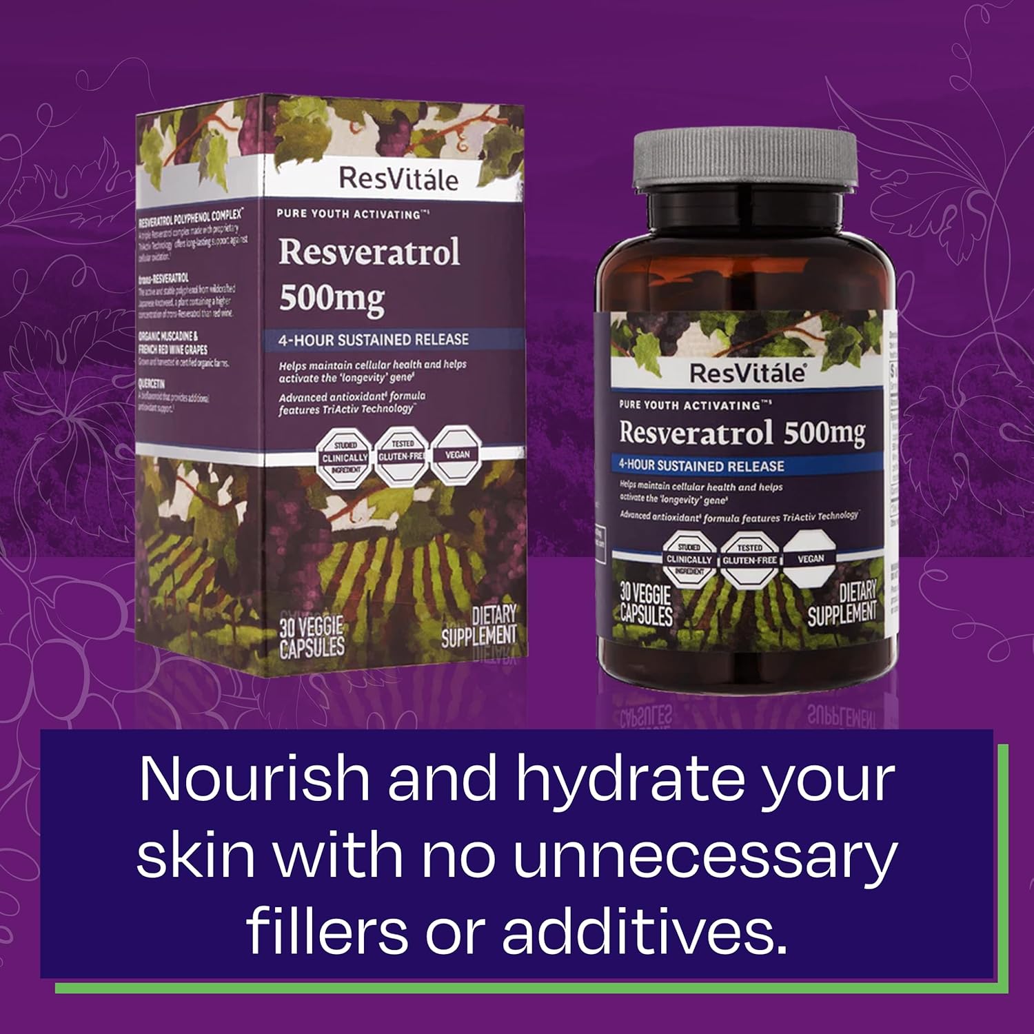 ResVitale Resveratrol 500mg Supplement for Men and Women - 30 Veggie Capsules - High Potency Resveratrol