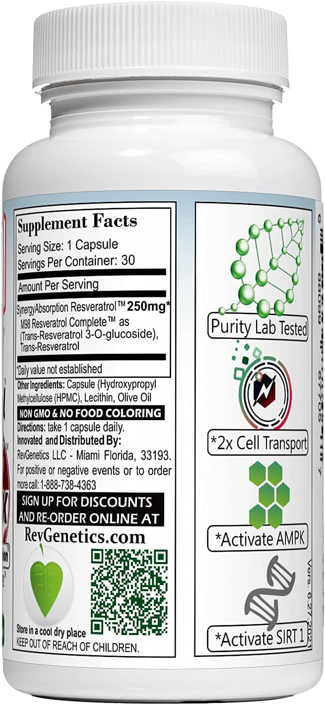 REVGENETICS Nitro Synergy Resveratrol (Nitro250) with Up to 25x Solubility - 60 Vegetarian Capsules - 30 Servings - 500 mg per serving