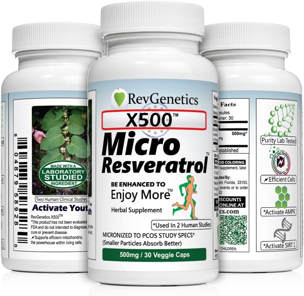 RevGenetics X500: High Potency 500mg Pure Trans-Resveratrol Capsules - 30 Vegetarian Capsules