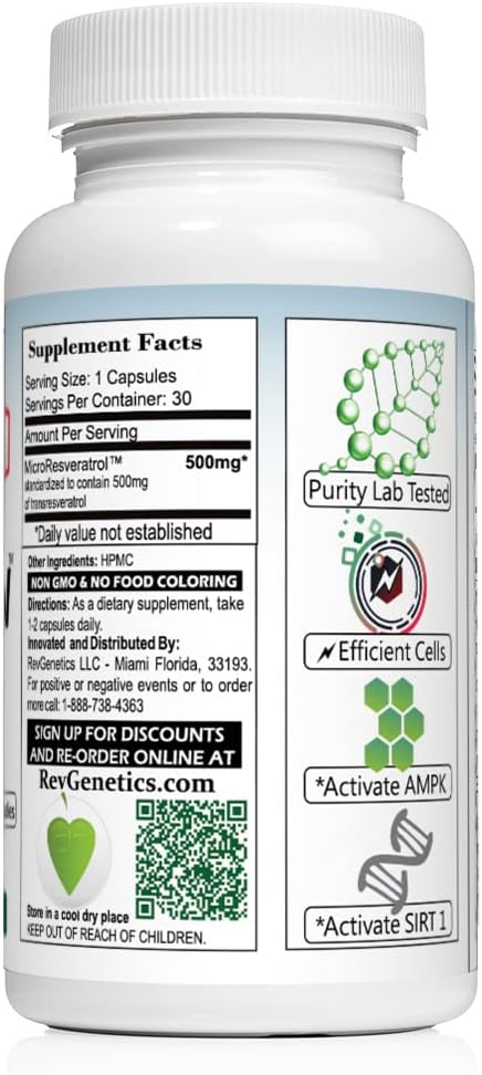 RevGenetics X500: High Potency 500mg Pure Trans-Resveratrol Capsules - 30 Vegetarian Capsules