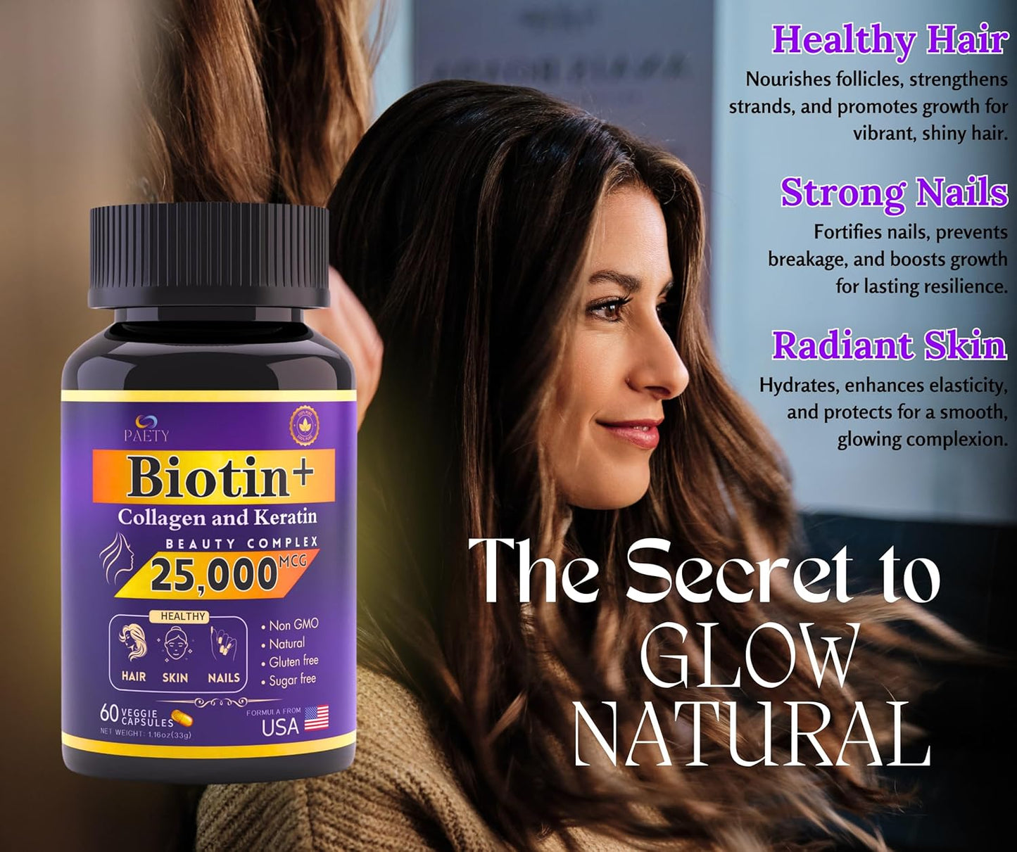 Revitalize Beauty with PAETY Biotin, Collagen, and Keratin Complex - 25,000mcg with Hyaluronic Acid - 60 Capsules