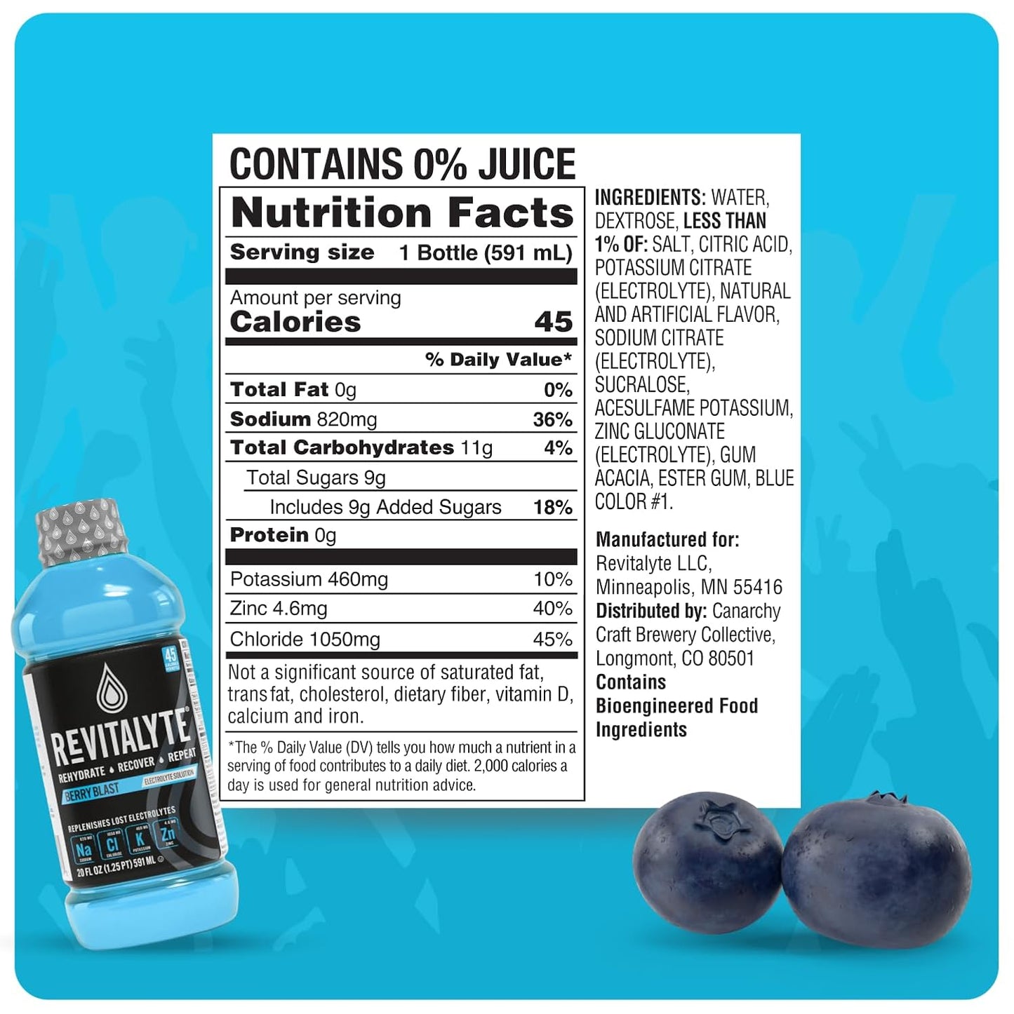 Revitalyte Black Label Berry Blast Electrolyte Drink - Rapid Hydration - Multi-Purpose Recovery - 12 Pack - 20 oz Bottle