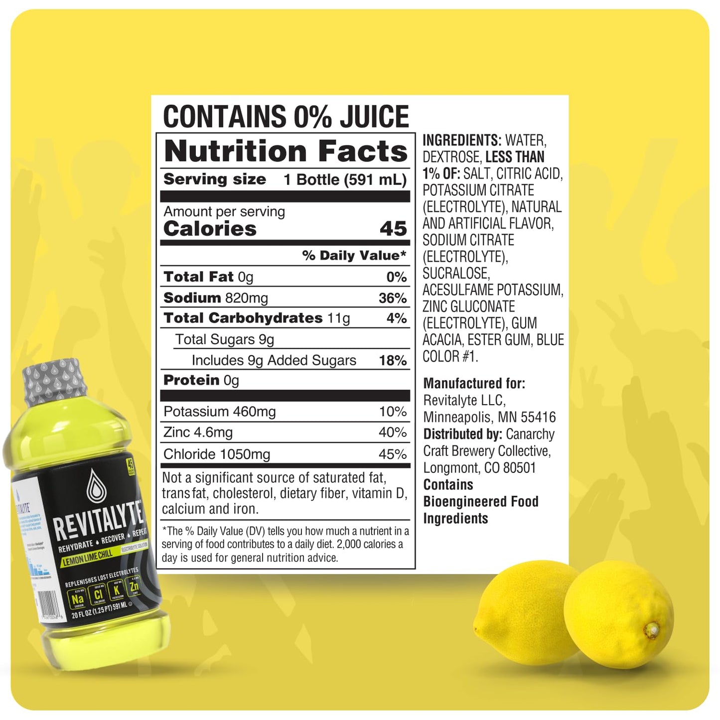 Revitalyte Black Label Lemon Lime Chill Electrolyte Drink 12 Pack 20 oz Bottle Rapid Hydration Recovery Drink