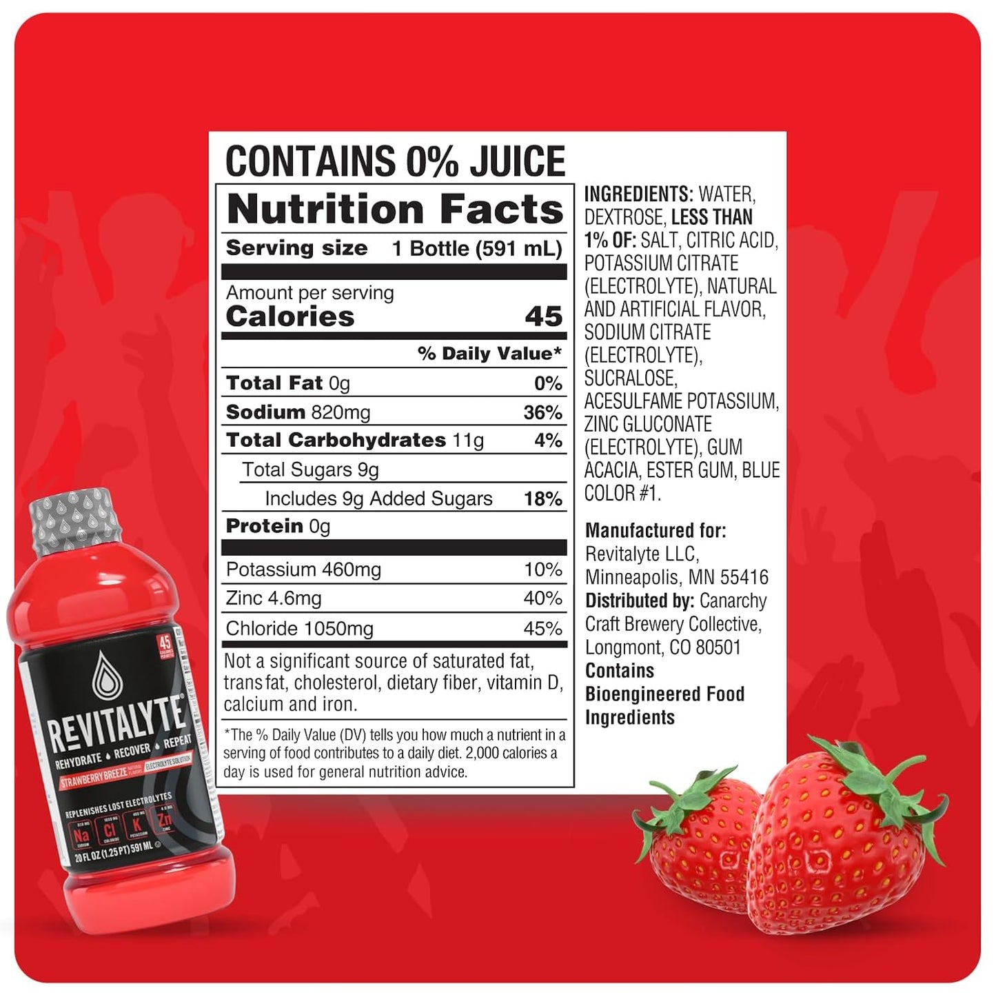 Revitalyte Black Label Strawberry Breeze Electrolyte Drink - 12 Pack - 20 oz Bottle - Rapid Hydration & Recovery