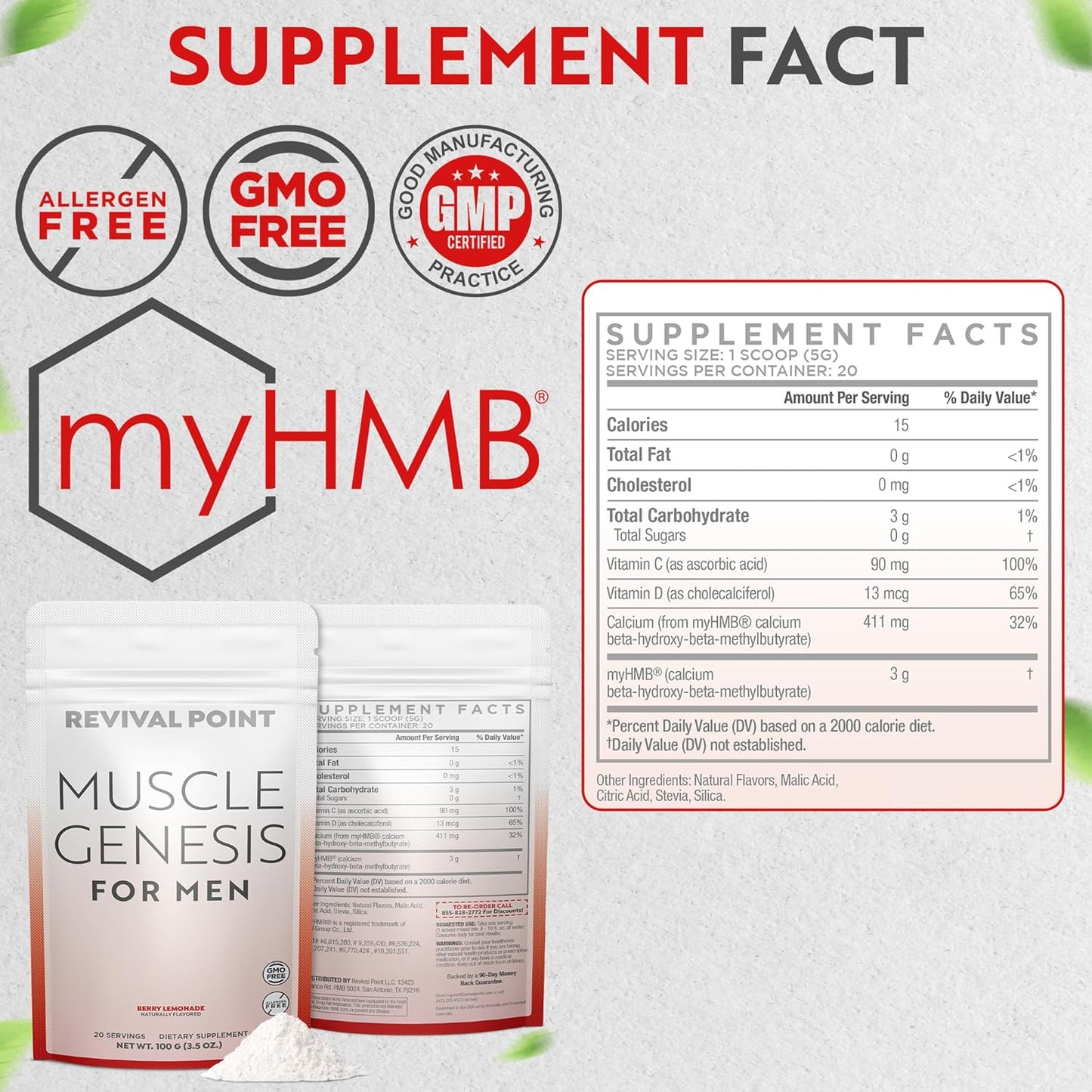 Revival Point Muscle Genesis HMB and Vitamin D3 Supplement - 5000mg Per Serving - Promotes Recovery and Lean Muscle Mass - 6 Bag Pack