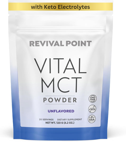 Revival Point Premium Unflavored MCT Oil Powder with Keto Electrolytes - Perfect Creamer for Coffee, Tea, and Shakes - Enhanced with Bioavailable Chromium Picolinate, C10 and C8 MCT Oil - 120g