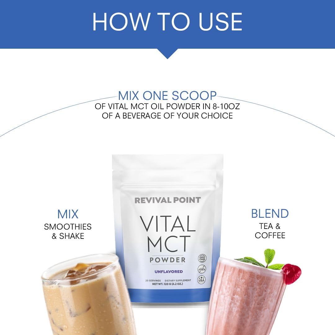 Revival Point Premium Unflavored MCT Oil Powder with Keto Electrolytes - Perfect Creamer for Coffee, Tea, and Shakes - Enhanced with Bioavailable Chromium Picolinate, C10 and C8 MCT Oil - 120g