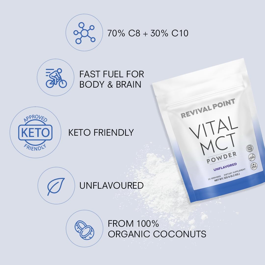 Revival Point Premium Unflavored MCT Oil Powder with Keto Electrolytes - Perfect Creamer for Coffee, Tea, and Shakes - Enhanced with Bioavailable Chromium Picolinate, C10 and C8 MCT Oil - 120g