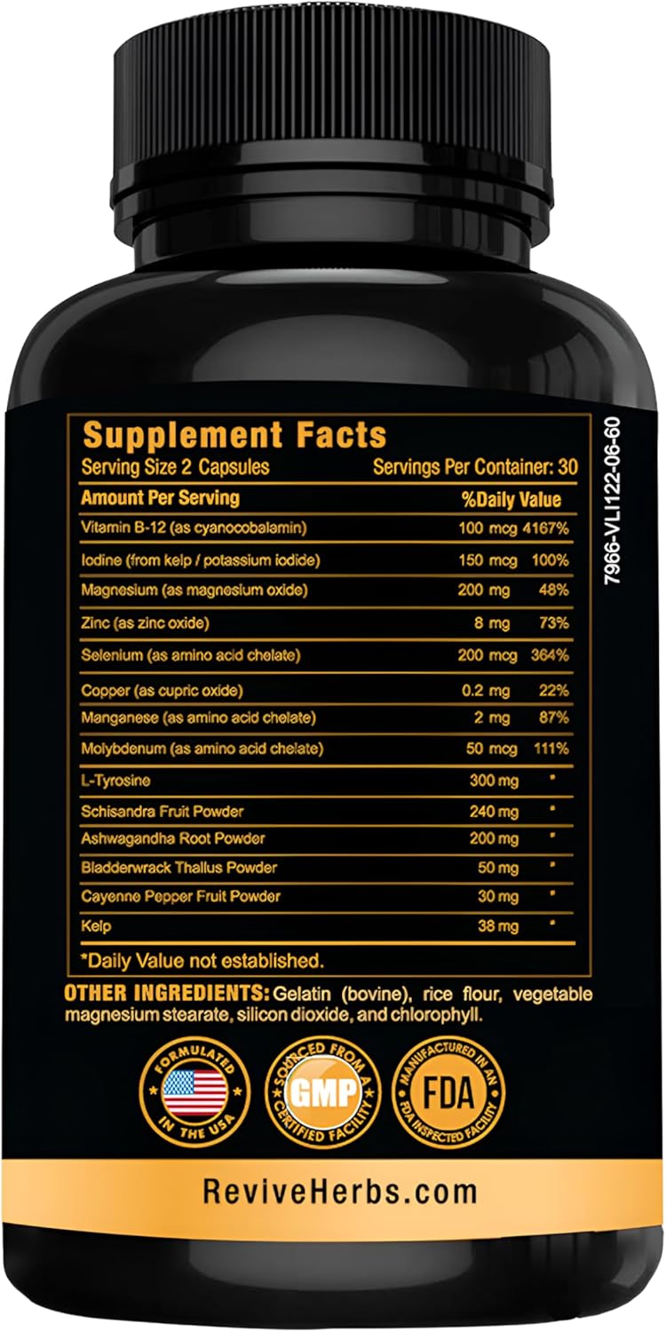 Revive Herbs Thyroid Support Capsules: Ashwagandha, Iodine, Selenium, Magnesium, Zinc, Vitamin B12 & More - 60 Count