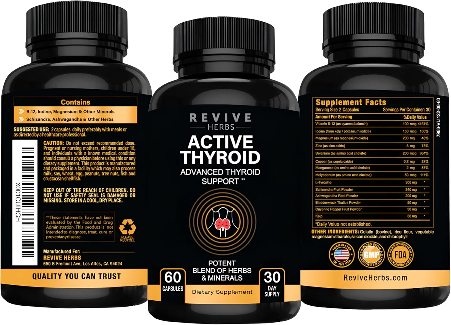 Revive Herbs Thyroid Support Capsules: Ashwagandha, Iodine, Selenium, Magnesium, Zinc, Vitamin B12 & More - 60 Count