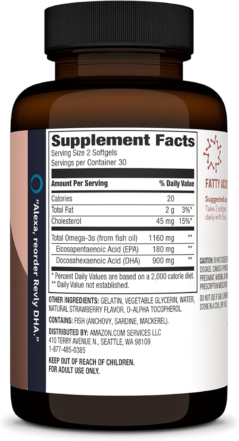 Revly Adult DHA Omega 3 Fatty Acids Softgels, Natural Strawberry Flavor, 900mg per Serving, 60 Count