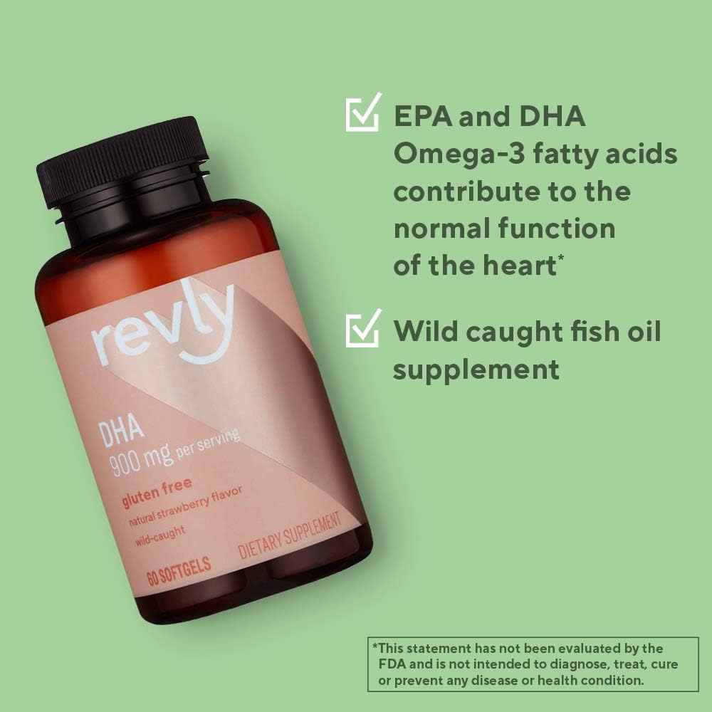 Revly Adult DHA Omega 3 Fatty Acids Softgels, Natural Strawberry Flavor, 900mg per Serving, 60 Count