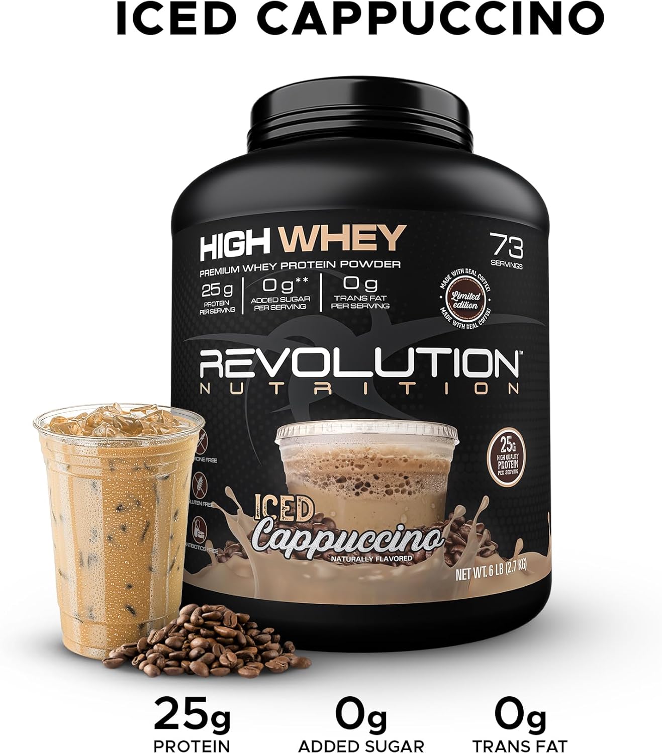Revolution Nutrition High Whey Isolate Protein Powder, Gluten Free, Lean Muscle Mass, 25g Protein, 2.7kg - Iced Cappuccino Flavor