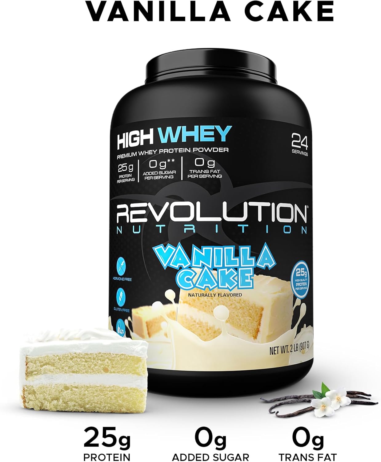 Revolution Nutrition High Whey Isolate Protein Powder - Gluten Free, 25g Protein Per Scoop - Vanilla Cake Flavor, 908g - Lean Muscle Mass for Men & Women, 24 Servings