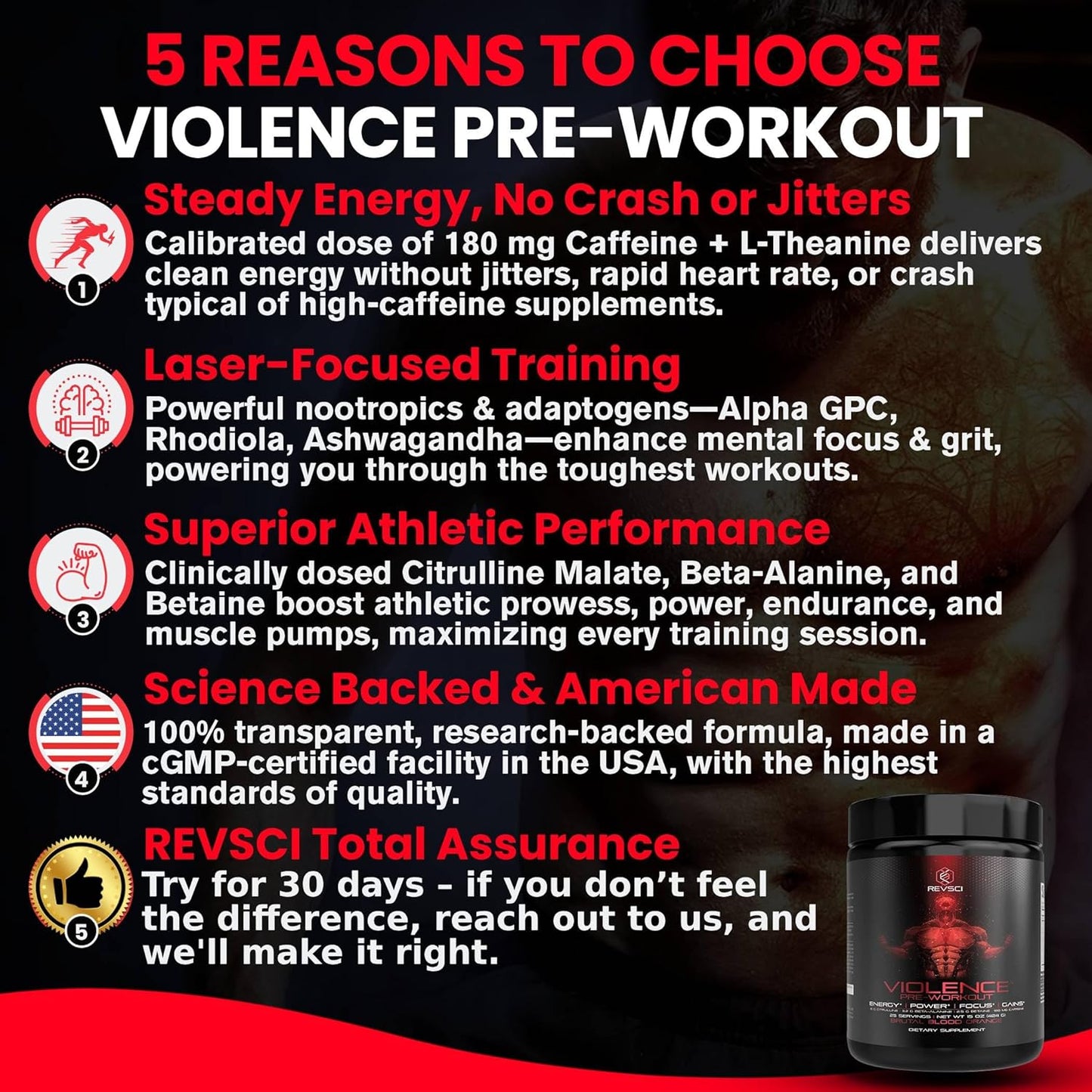 Revolution Science Violence Pre Workout Powder - Clinically Dosed Preworkout for Men & Women - 25 Servings, Blood Orange Flavor - Enhanced Energy, Focus, and Pump with Caffeine, L-Theanine, Citrulline Malate, Beta Alanine, and Alpha GPC