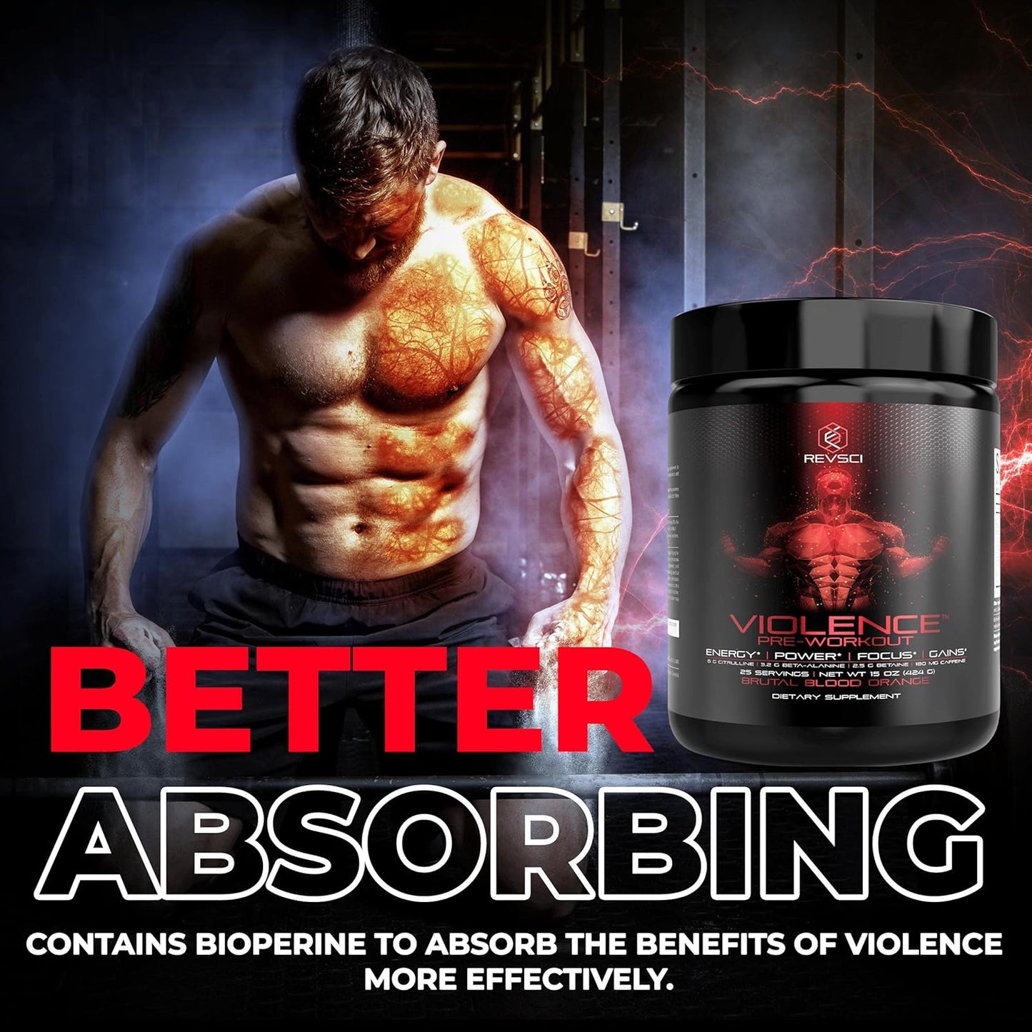 Revolution Science Violence Pre Workout Powder - Clinically Dosed Preworkout for Men & Women - 25 Servings, Blood Orange Flavor - Enhanced Energy, Focus, and Pump with Caffeine, L-Theanine, Citrulline Malate, Beta Alanine, and Alpha GPC