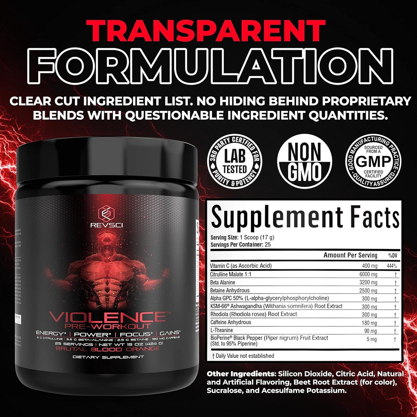 Revolution Science Violence Pre Workout Powder - Clinically Dosed Preworkout for Men & Women - 25 Servings, Blood Orange Flavor - Enhanced Energy, Focus, and Pump with Caffeine, L-Theanine, Citrulline Malate, Beta Alanine, and Alpha GPC