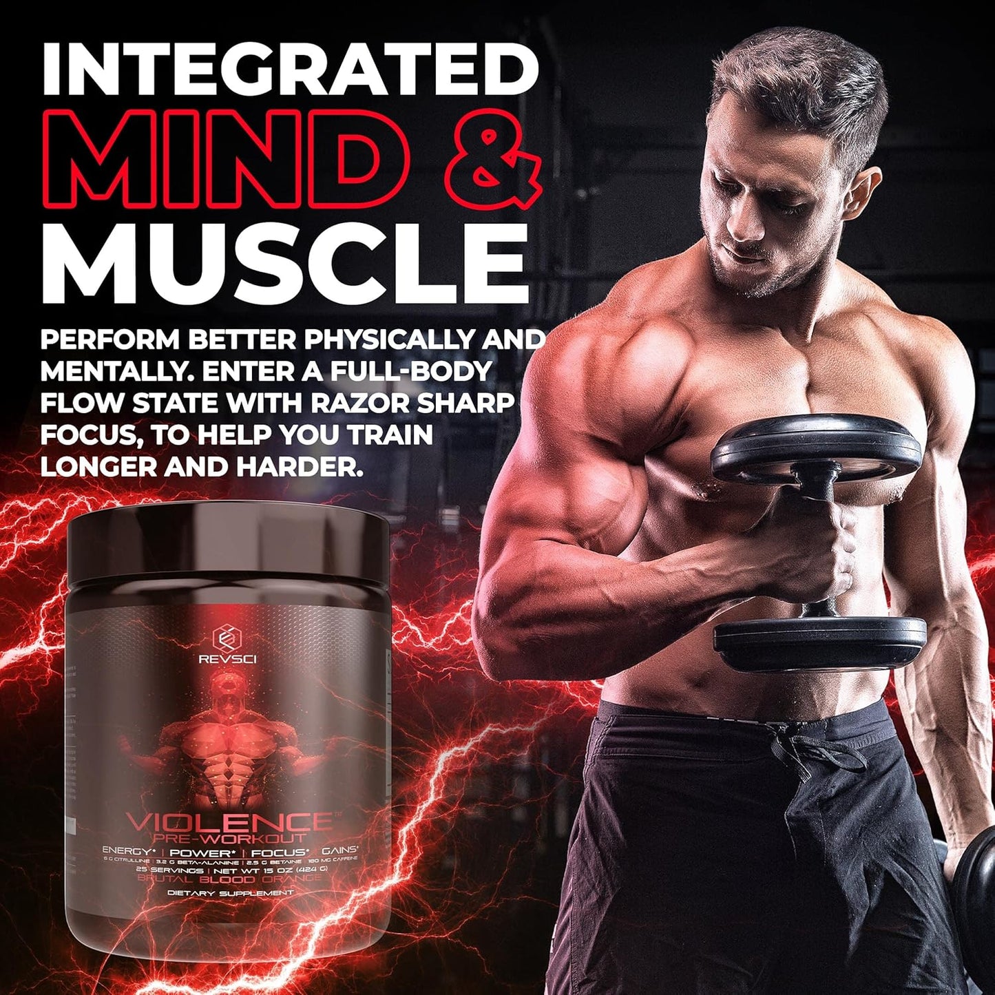 Revolution Science Violence Pre Workout Powder - Clinically Dosed Preworkout for Men & Women - 25 Servings, Blood Orange Flavor - Enhanced Energy, Focus, and Pump with Caffeine, L-Theanine, Citrulline Malate, Beta Alanine, and Alpha GPC