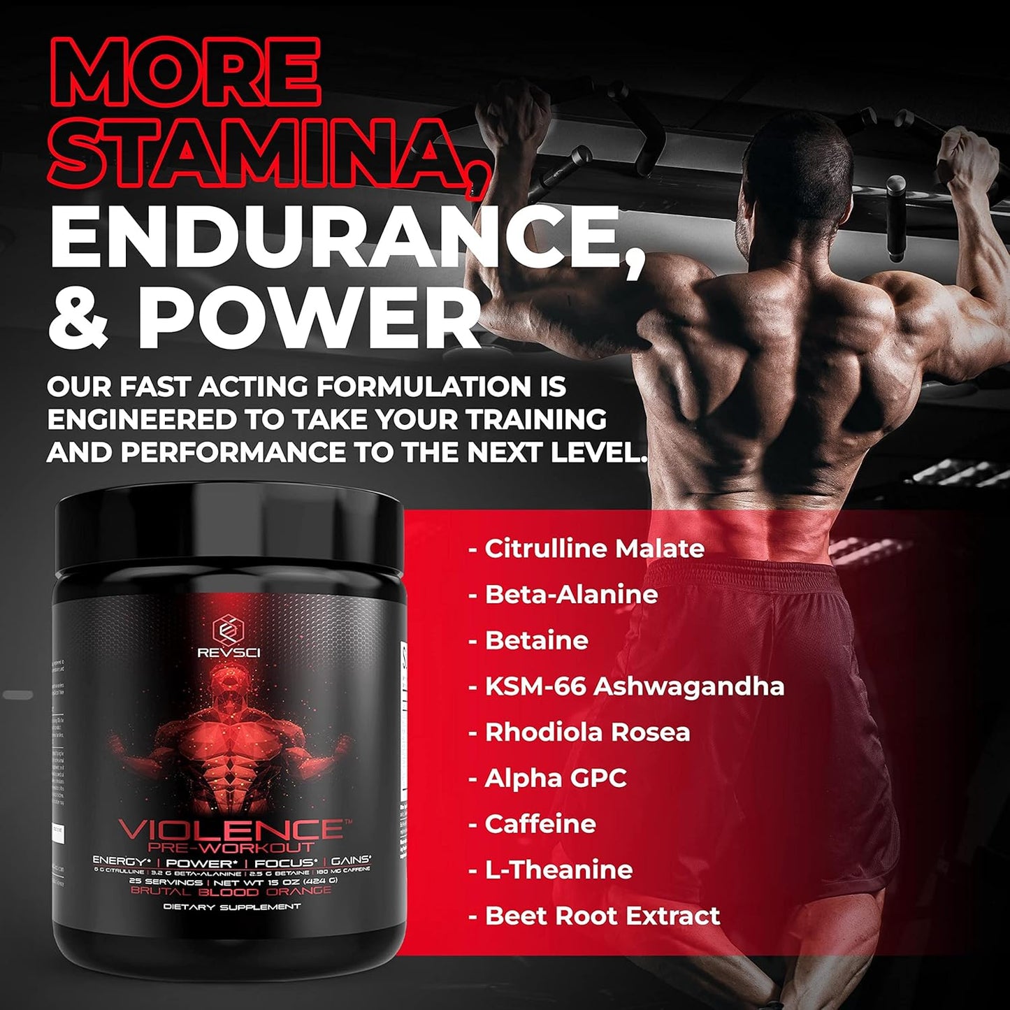 Revolution Science Violence Pre Workout Powder - Clinically Dosed Preworkout for Men & Women - 25 Servings, Blood Orange Flavor - Enhanced Energy, Focus, and Pump with Caffeine, L-Theanine, Citrulline Malate, Beta Alanine, and Alpha GPC