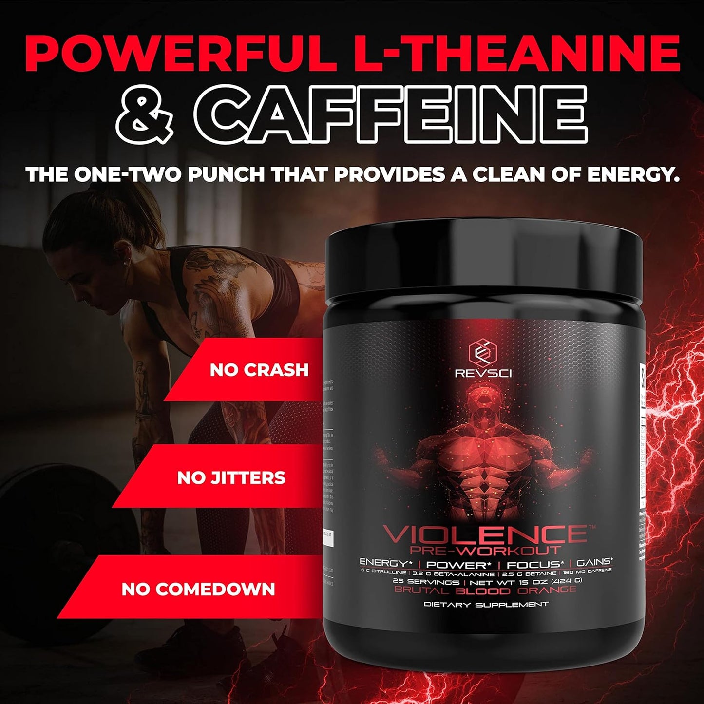 Revolution Science Violence Pre Workout Powder - Clinically Dosed Preworkout for Men & Women - 25 Servings, Blood Orange Flavor - Enhanced Energy, Focus, and Pump with Caffeine, L-Theanine, Citrulline Malate, Beta Alanine, and Alpha GPC