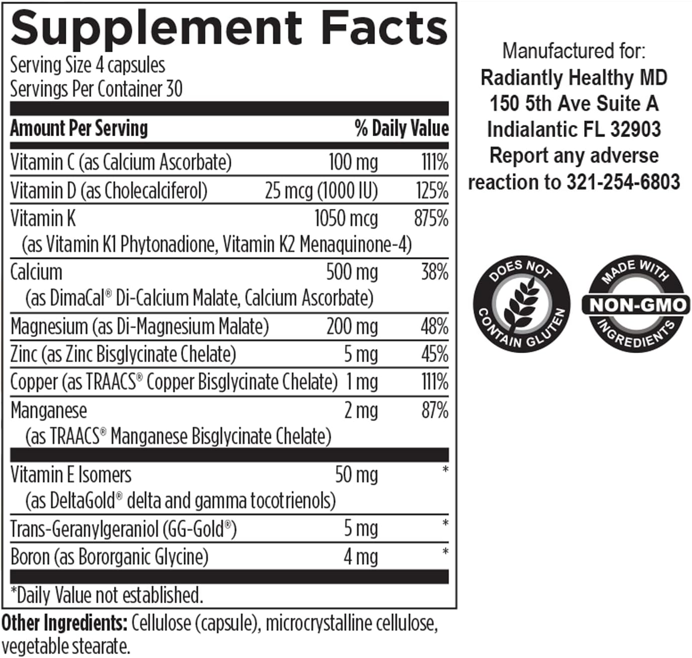 RHMD Bone Support Supplement with Highly Absorbable Nutrients for Radiantly Healthy Bones - Calcium Malate, Magnesium, Zinc Bisglycinate Chelate, Vitamins D + K - Non-GMO, Soy Free (120 Vegetarian Capsules)