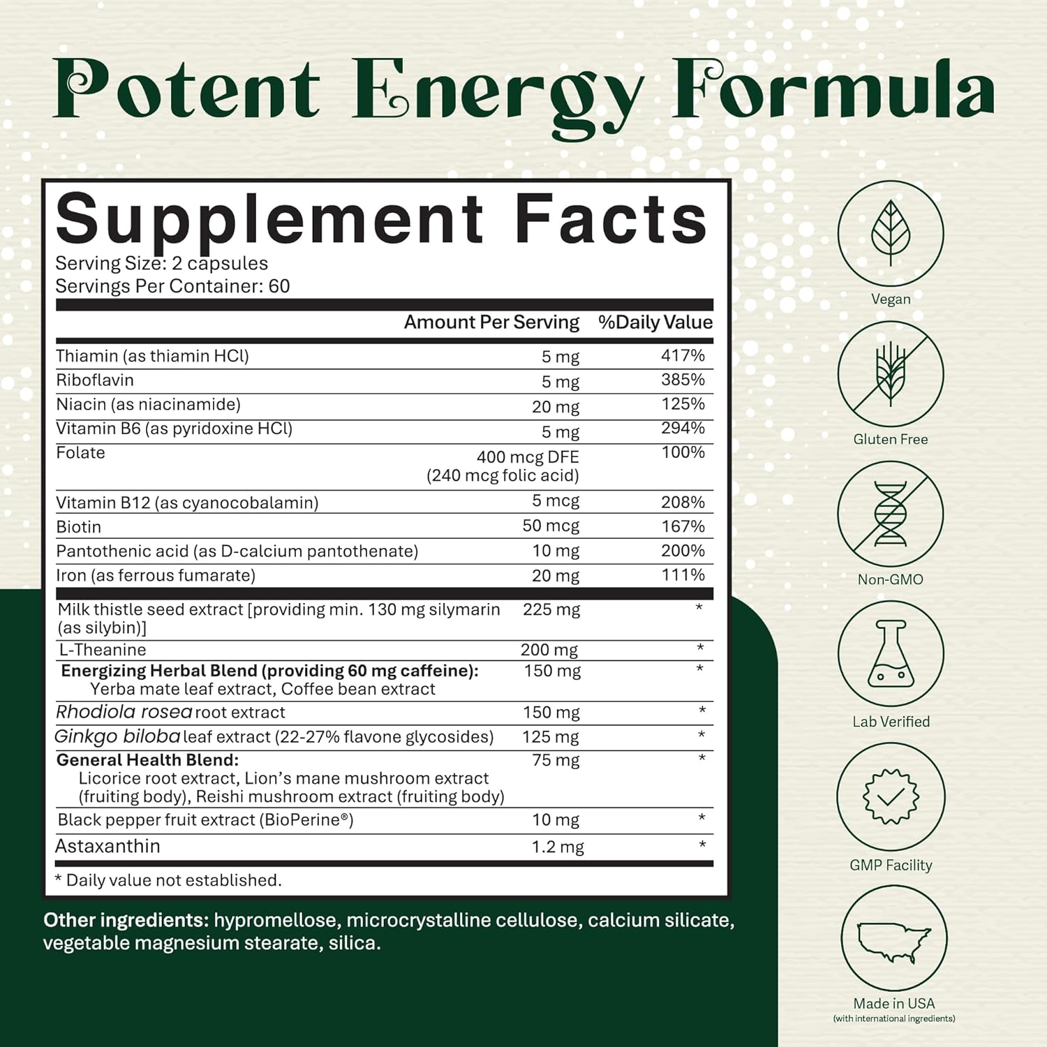 Rhodiola Rosea, Lions Mane, L Theanine, Ginkgo Biloba Stress Energy Brain Supplement - Cortisol, Energy, Stress Support - 2 Month Supply